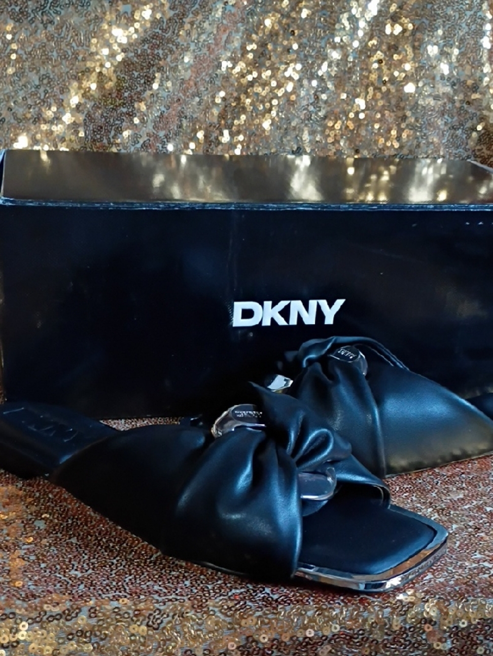 DKNY Black Knot Slide Mules with Silver Accents